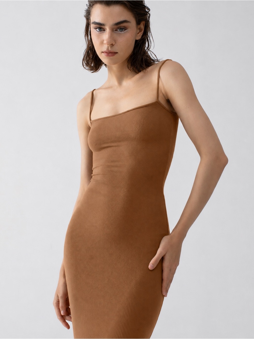 PUMIEY Slip Maxi Dress Caramel Medium Ribbed Bodycon in Medium